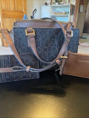 Calvin Klein Black Signature Satchel with Brown Trim and Wallets